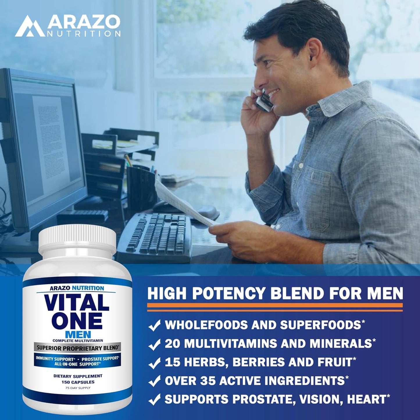 Arazo Nutrition Vital One Multivitamin for Men – Daily Wholefood Supplement - 150 Vegan Gsupps Australia