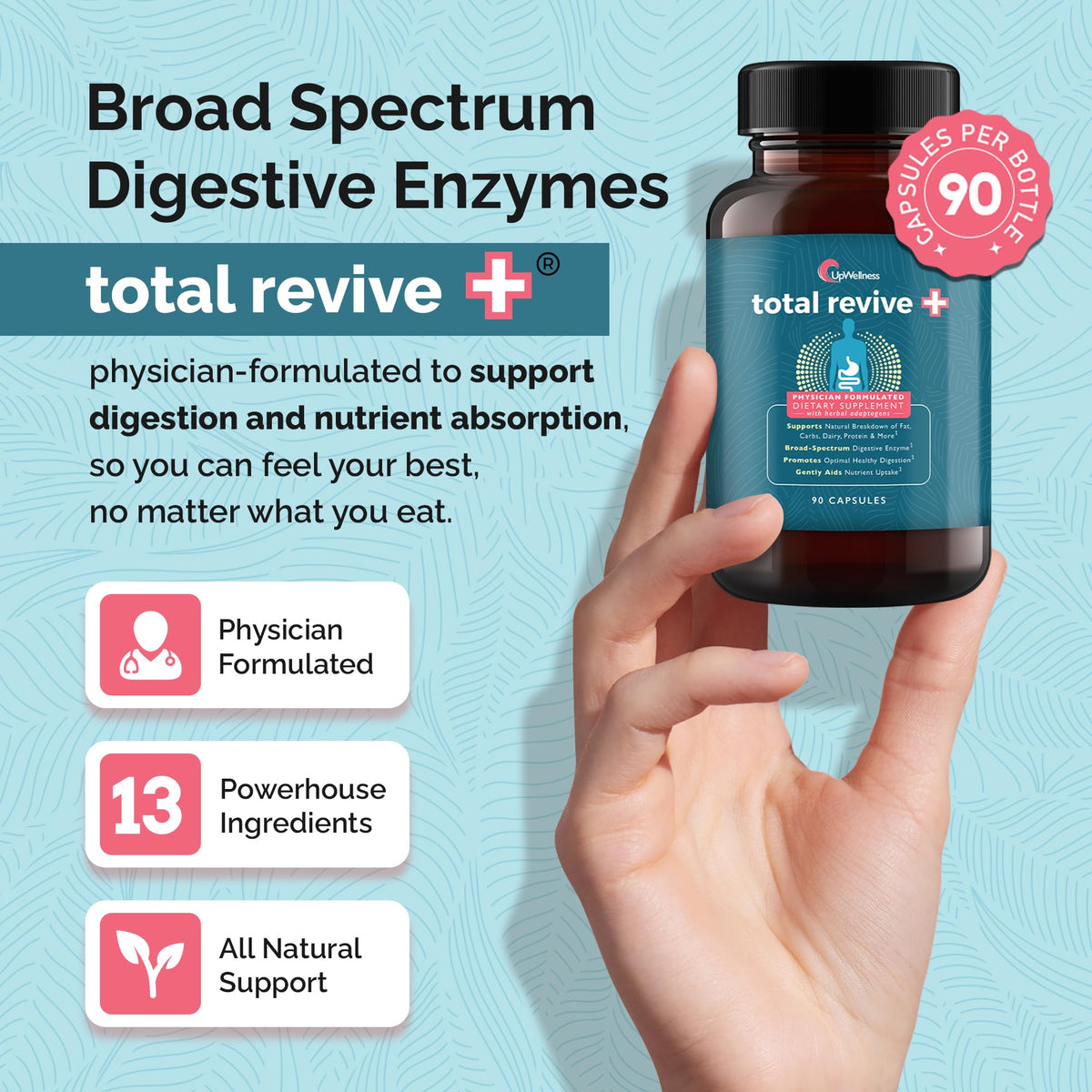 UpWellness Total Revive+ Digestive Enzymes - Broad-Spectrum Enzymes for Digestive Health - Supports Gut Health and Nutrient Absorption UpWellness