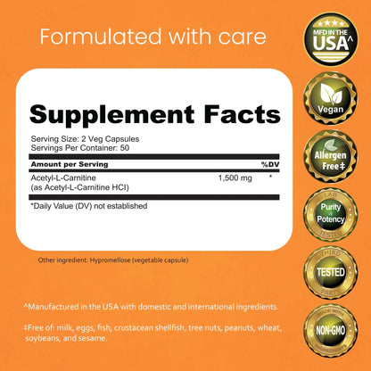 NaturaLife Labs Acetyl L-Carnitine (ALCAR) 1500 mg per Serving – 100 Capsules – Non-GMO, Gluten-Free, Vegan NaturaLife Labs