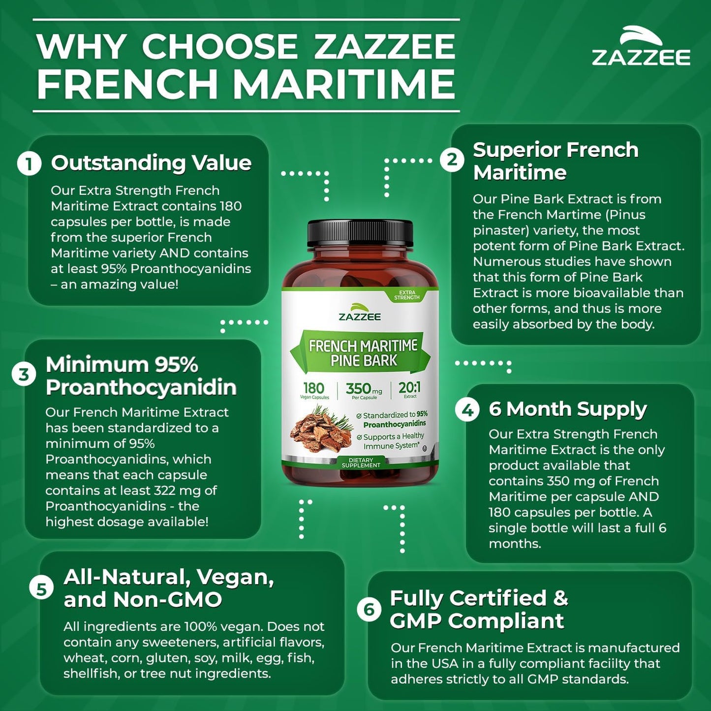 Zazzee Extra Strength French Maritime Pine Bark Extract 20:1, 180 Capsules | 350 mg Per Capsule, 95% Proanthocyanidins, Vegan, 6 Month Supply, Certified Kosher, Antioxidant Support, Non-GMO, Made in USA Gsupps Australia