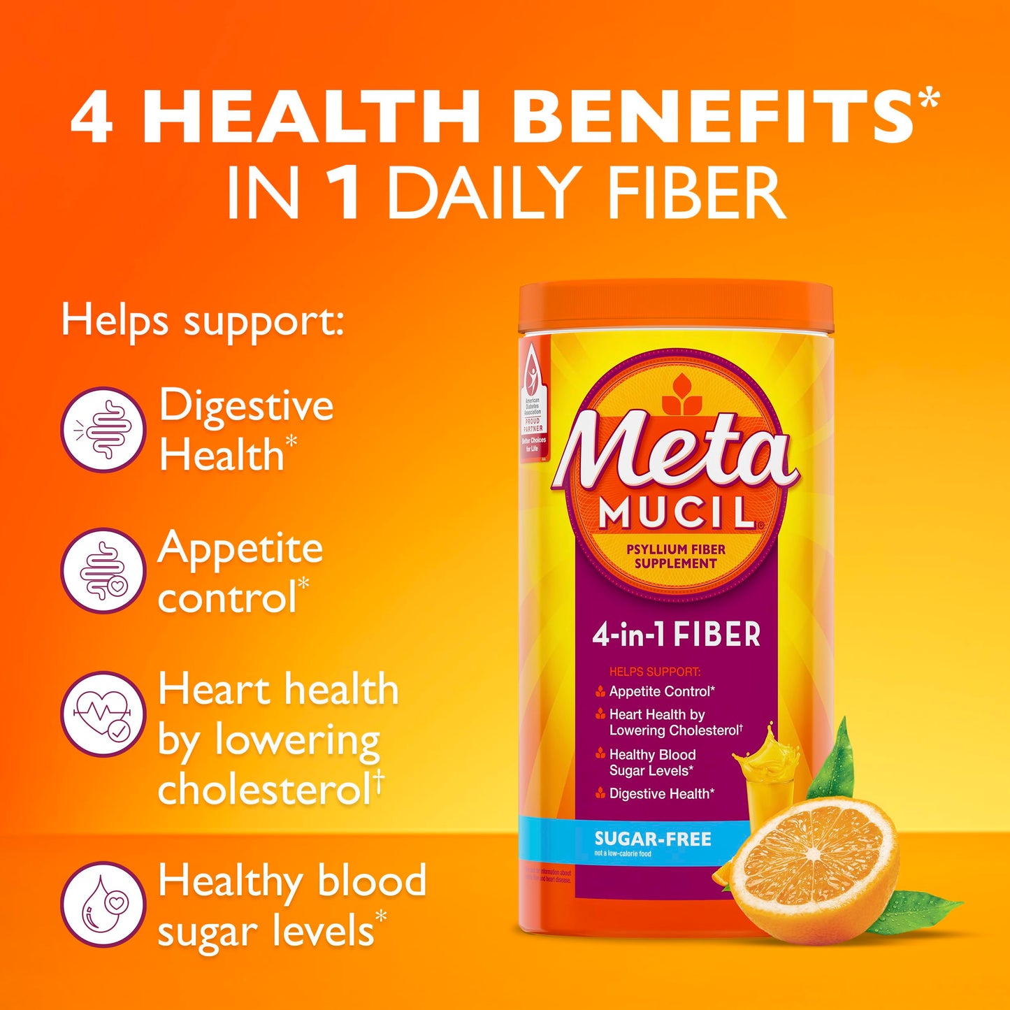 Metamucil 4-in-1 Psyllium Husk Friendly Fiber Supplement, Sugar-Free, 180 teaspoons, Orange Flavored, Daily Fiber Powder for Digestive Health Metamucil