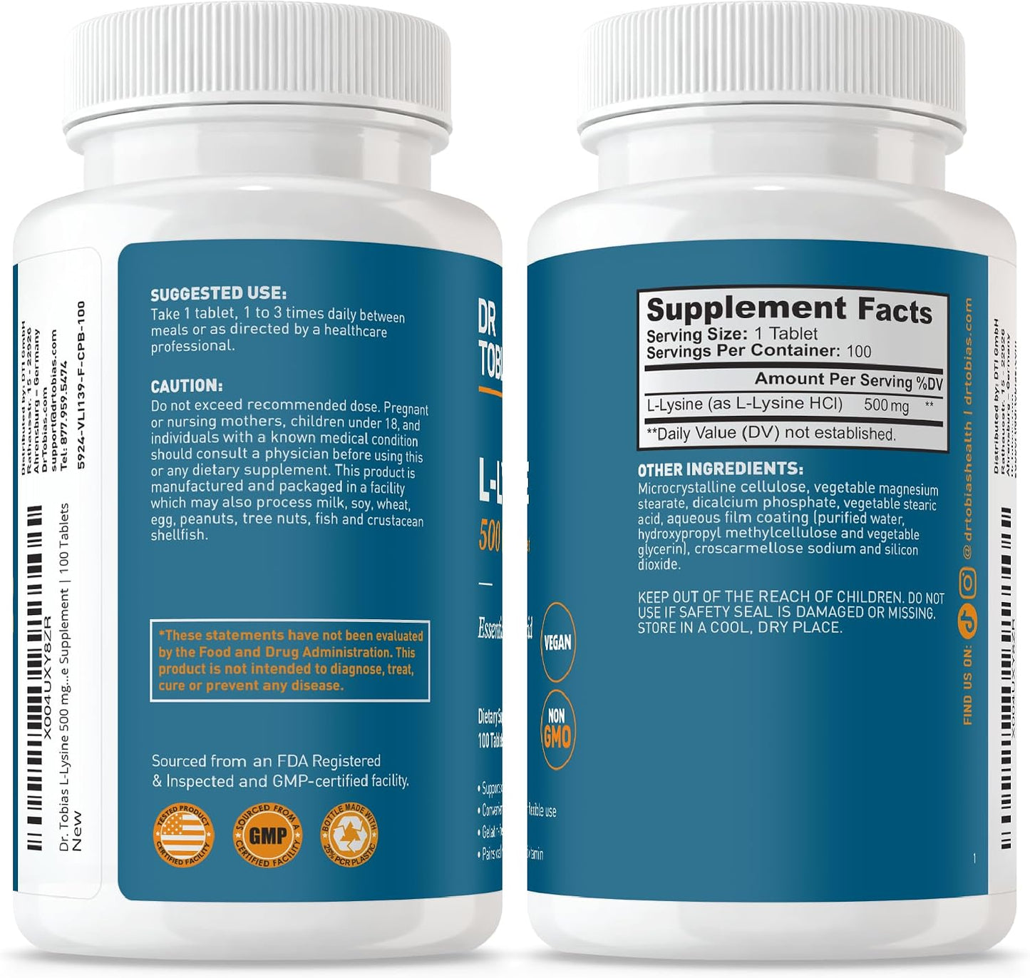 Dr. Tobias L-Lysine 500 mg Tablets | Essential Amino Acid for Daily Wellness | Supports Collagen Synthesis* | Vegan, Non-GMO, Gelatin-Free Lysine Supplement | 100 Tablets