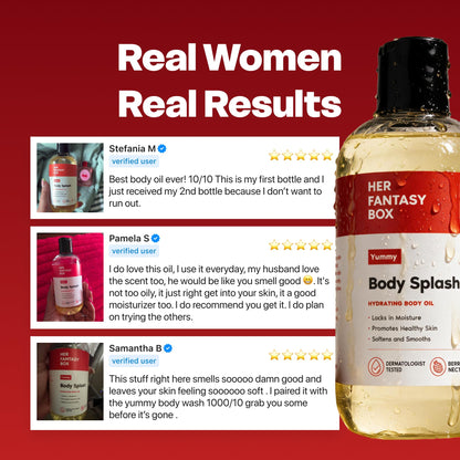 Her Fantasy Box | Body Splash Hydrating Body Oil (Yummy) - Moisturizing, Non-Greasy Formula for Soft, Smooth Skin - All-Natural, Lightweight & Nourishing Her Fantasy Box