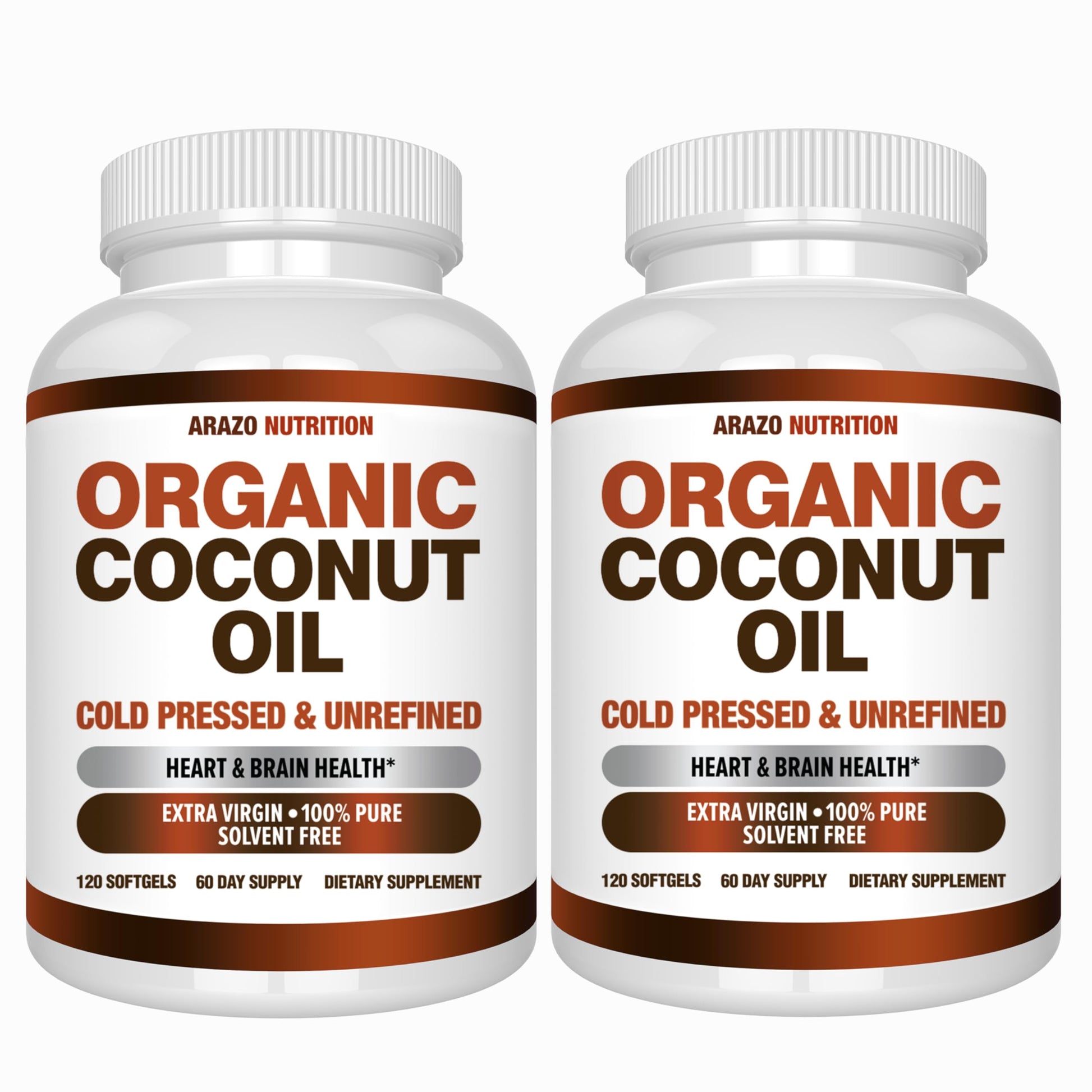 Arazo Nutrition Organic Coconut Oil 2000 MG Per Serving - 100% Extra Virgin Unrefined Cold Pressed for Weight Support, Skin, Hair, Nails - 120 Softgel Capsules Gsupps Australia