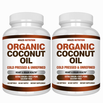 Arazo Nutrition Organic Coconut Oil 2000 MG Per Serving - 100% Extra Virgin Unrefined Cold Pressed for Weight Support, Skin, Hair, Nails - 120 Softgel Capsules Gsupps Australia