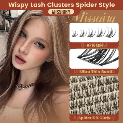 MissAiry Spider Breeze Lash Clusters Kit, Wispy Natural Eyelash Clusters DD Curly Lashes Cluster 8-16mm Cluster Eyelash Extensions Reusable Individual Lashes with Invisible Band for DIY at Home MissAiry