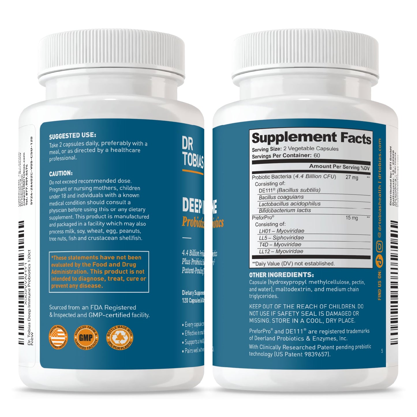 Dr. Tobias Deep Immune Probiotic + Prebiotic for Immune & Gut Health | Spore Forming Probiotics + Prebiotics | Synergetic Support for Digestion & Immune Health | Shelf Stable | 60 Capsules
