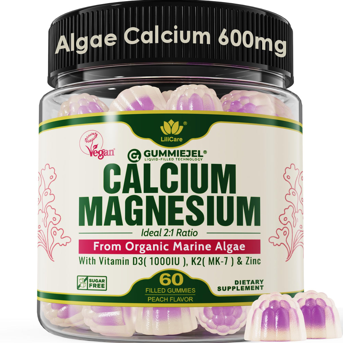 Plant Based Calcium Gummies 600mg with Vitamin D3 K2, Magnesium, Zinc for Bone Strength, Sugar Free Calcium Supplements for Women & Men (Certified Vegan) LILICARE