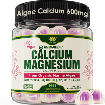 Plant Based Calcium Gummies 600mg with Vitamin D3 K2, Magnesium, Zinc for Bone Strength, Sugar Free Calcium Supplements for Women & Men (Certified Vegan) LILICARE