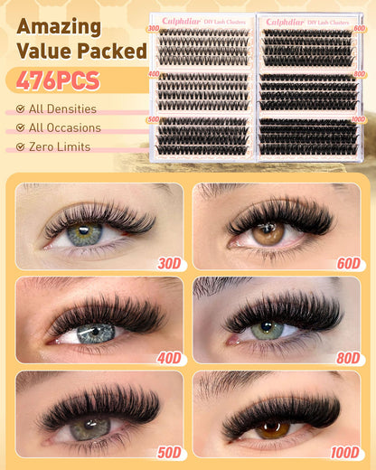 Calphdiar Eyelash Clusters 30D+40D+50D+60D+80D+100D Lash Clusters Wispy Individual Lashes 476PCS D-curly Lash Extension 10-16MM Natural Lashes Clusters DIY Cluster Eyelash Extensions calphdiar