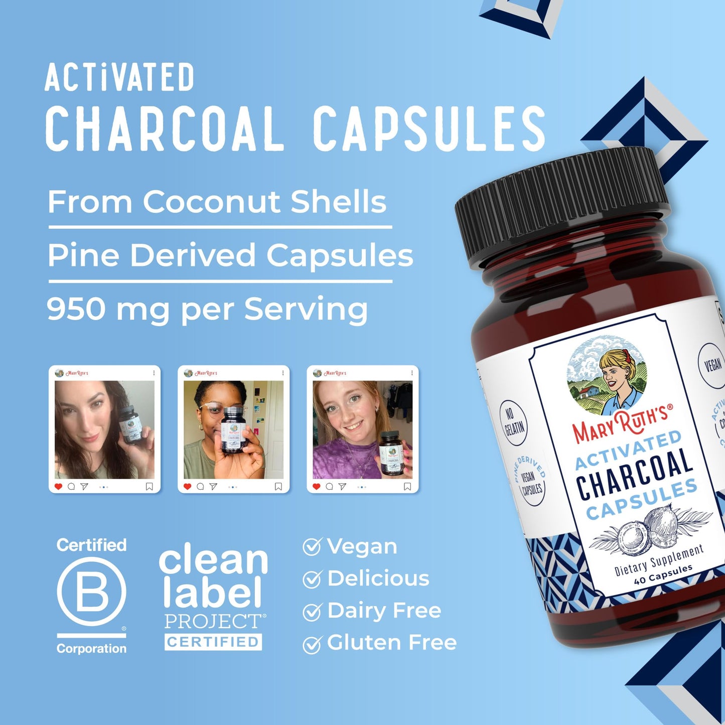 MARYRUTH'S Organics Activated Charcoal Capsules | Substance Adsorption | Derived from Coconut Shells | Vegan Capsules from Pine Trees MARYRUTH'S