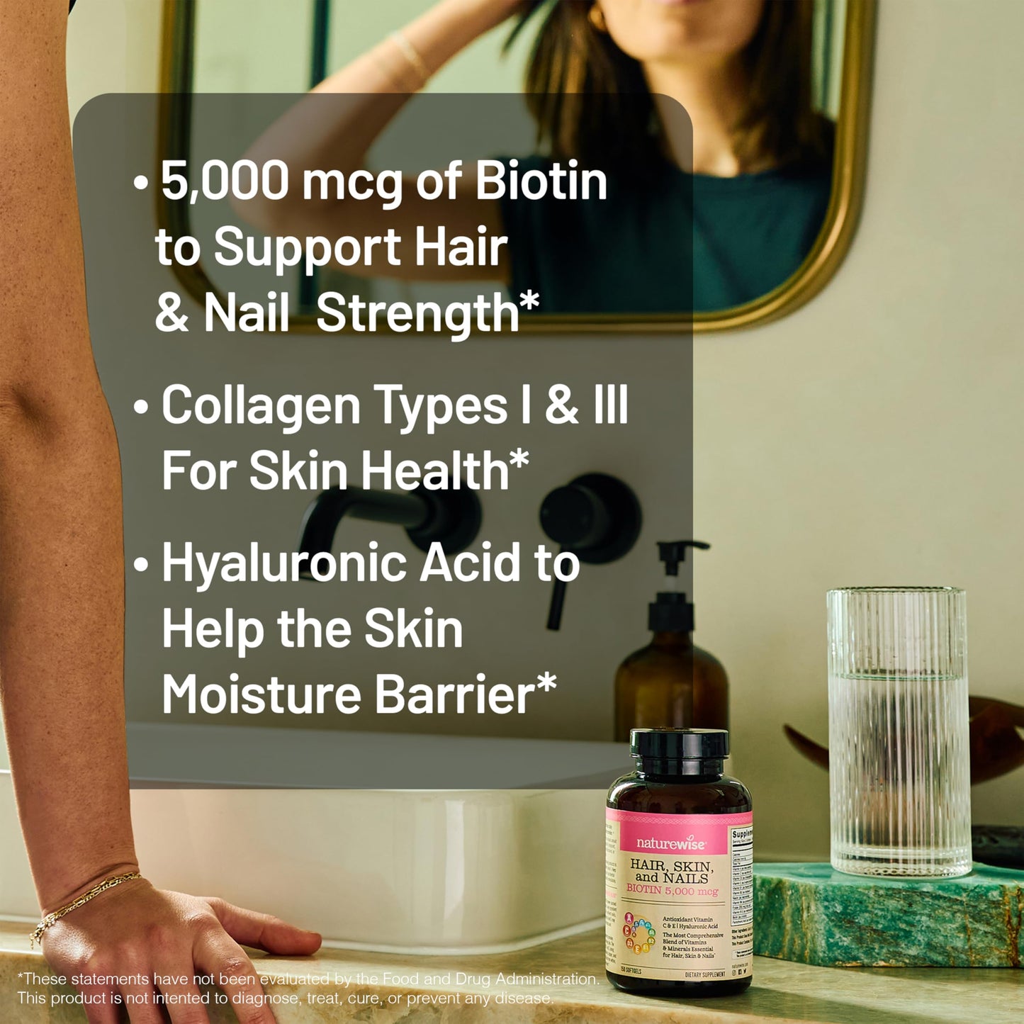 NatureWise Hair Skin and Nails Vitamin, Biotin 5000mcg w/Hyaluronic Acid, Collagen for Women with C, B Complex, D3, A, E, Iron NatureWise