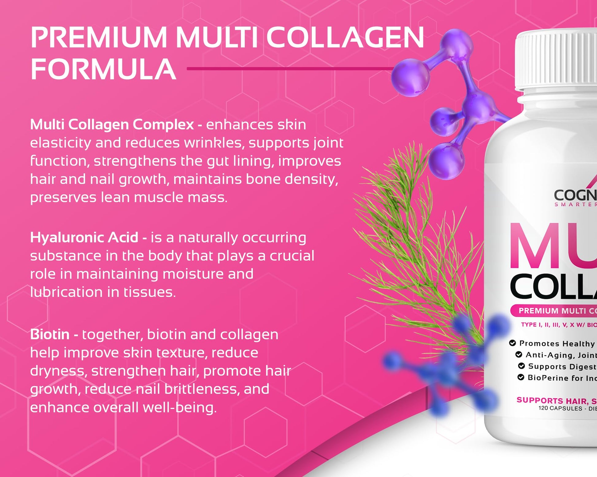 CogniTune Multi Collagen Peptides for Women with Biotin, Hyaluronic Acid, Vitamin C - 5 Types I II III V X Colageno Hidrolizado - 2000mg Hair Skin Nails Joints Support - 120 Capsules CogniTune buy australia supplements