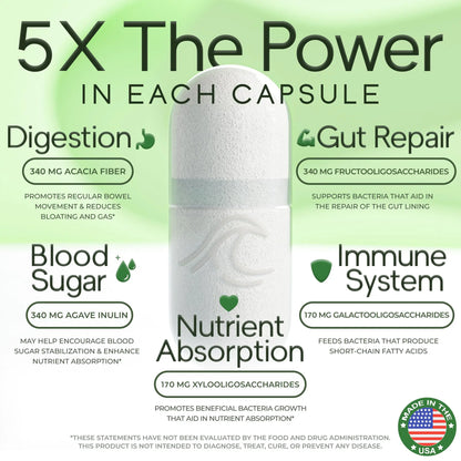 Prebiotic Fiber Supplement 5-in-1 Capsules - Natural Flow 5X Fiber XOS, GOS, FOS, Acacia and Agave Inulin, Daily Soluble Fiber Formula for Gut Support Natural Flow Supplements