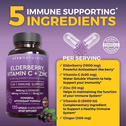 Viva Naturals Elderberry with Vitamin C and Zinc for Adults - 5 in 1 Sambucus Black Elderberry Capsules with Vitamin D3 5000 IU Immunity Supplement Viva Naturals