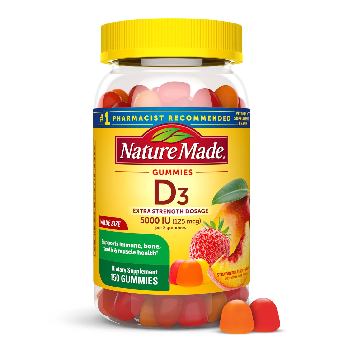 Nature Made Vitamin D3 5000 IU Per Serving Gummies Extra Strength, Bone and Immune Health Support, 150 Vitamin D Gummies for Adults, 75 Day Supply Nature Made