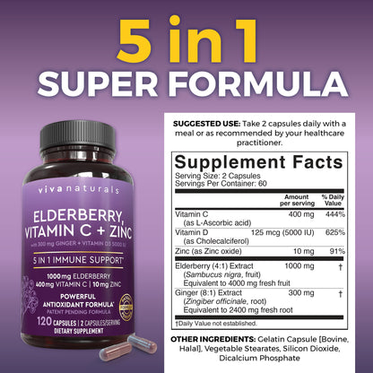 Viva Naturals Elderberry with Vitamin C and Zinc for Adults - 5 in 1 Sambucus Black Elderberry Capsules with Vitamin D3 5000 IU Immunity Supplement Viva Naturals