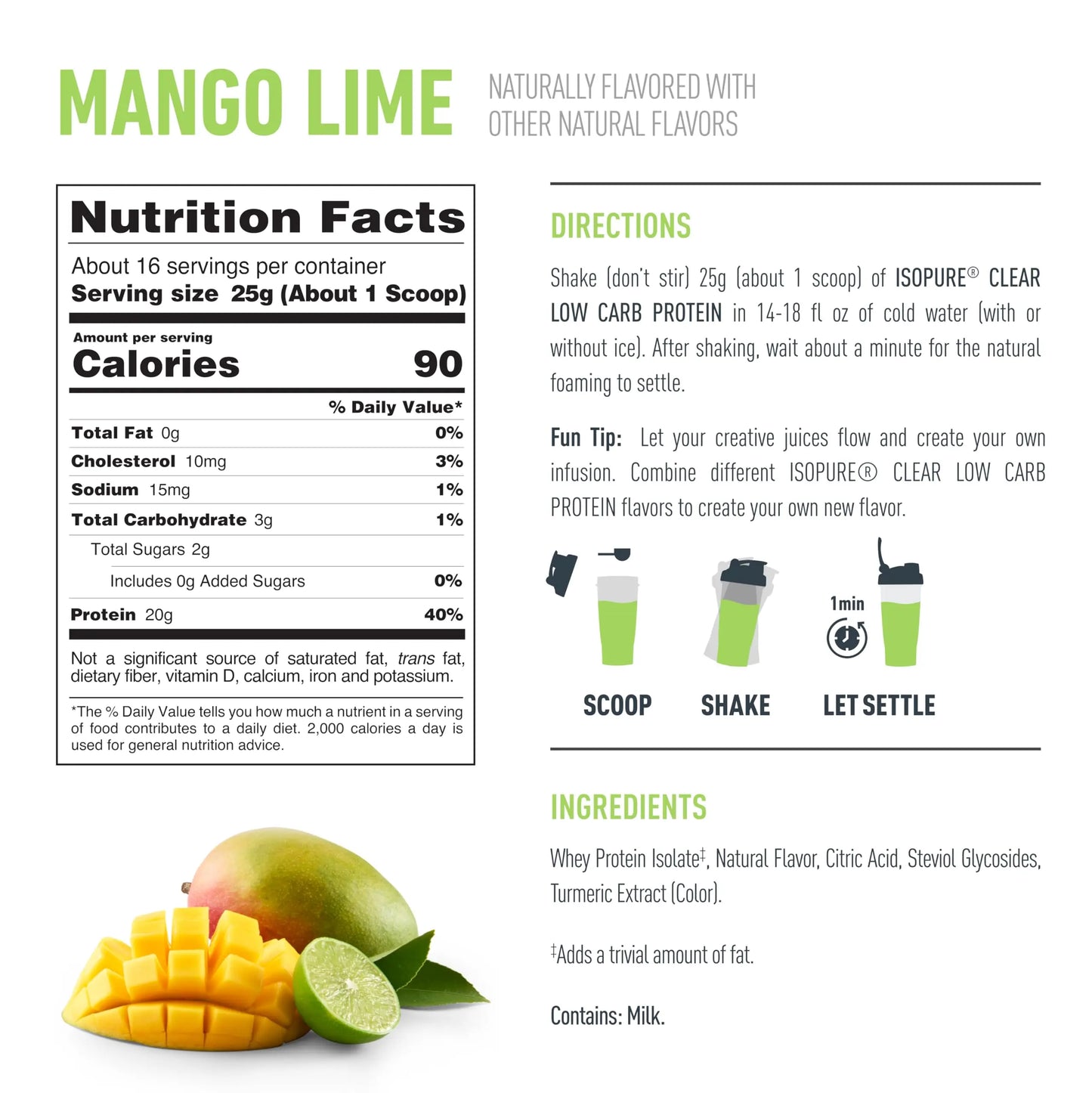 Isopure Clear Whey Isolate Protein Powder, Lactose Free, Gluten Free, Naturally Flavored, Mango Lime, 20g Protein Per Serving, 14.1 Oz, 16 Servings (Packaging May Vary) Isopure