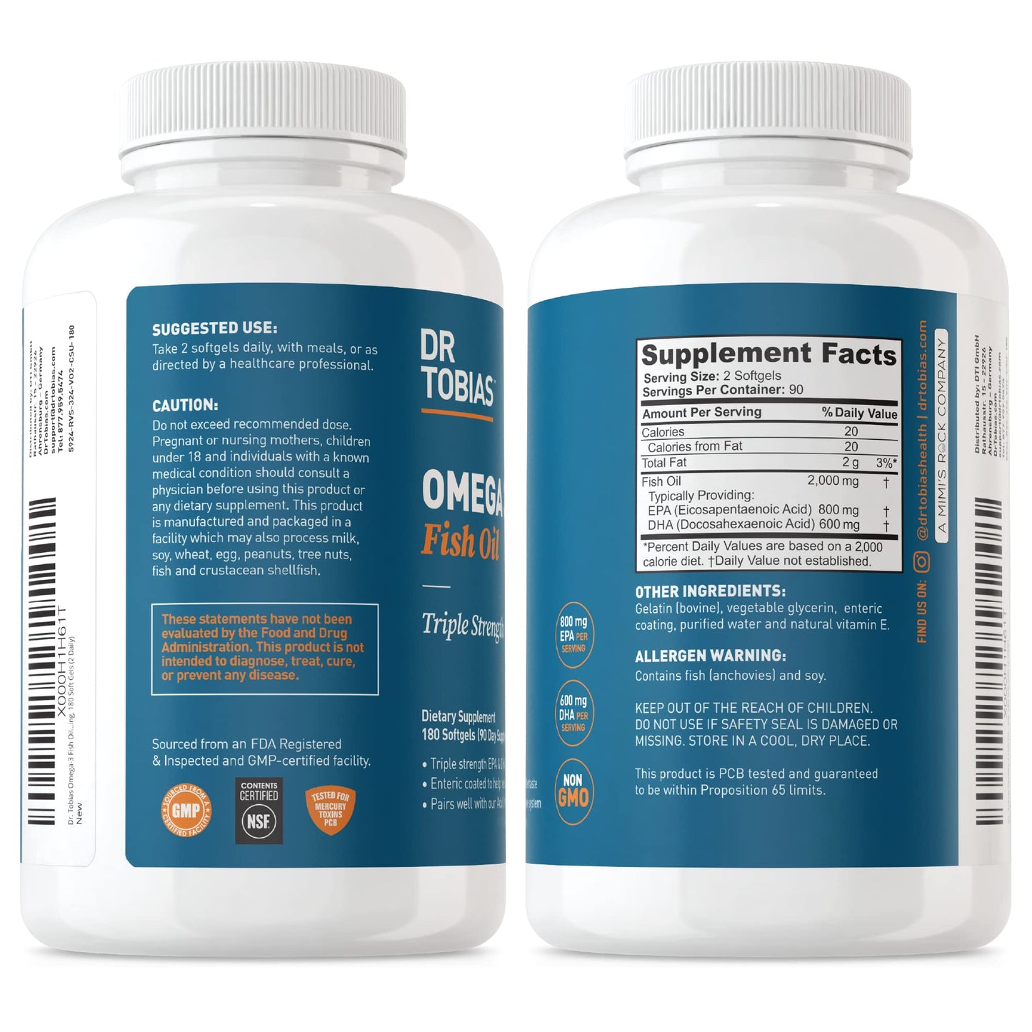 Dr. Tobias Omega 3 Fish Oil 2000mg Triple Strength with 800mg EPA 600mg DHA Per Serving | Fish Oil Omega 3 Supplements for Heart Brain & Immune Support - 180 Softgels (90 Servings)