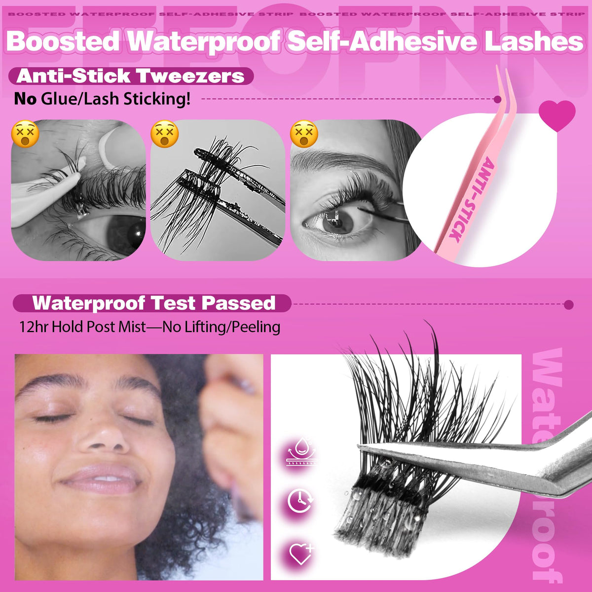 Self Adhesive Eyelashes Fluffy Self Adhesive Lash Clusters No Glue Eyelash Clusters Wispy Glueless Cluster Eyelash Extensions 10-16mm Individual Lashes DIY Lash Extension Kit with Anti-Stick Tweezers Eefofnn