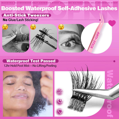 Self Adhesive Eyelashes Fluffy Self Adhesive Lash Clusters No Glue Eyelash Clusters Wispy Glueless Cluster Eyelash Extensions 10-16mm Individual Lashes DIY Lash Extension Kit with Anti-Stick Tweezers Eefofnn