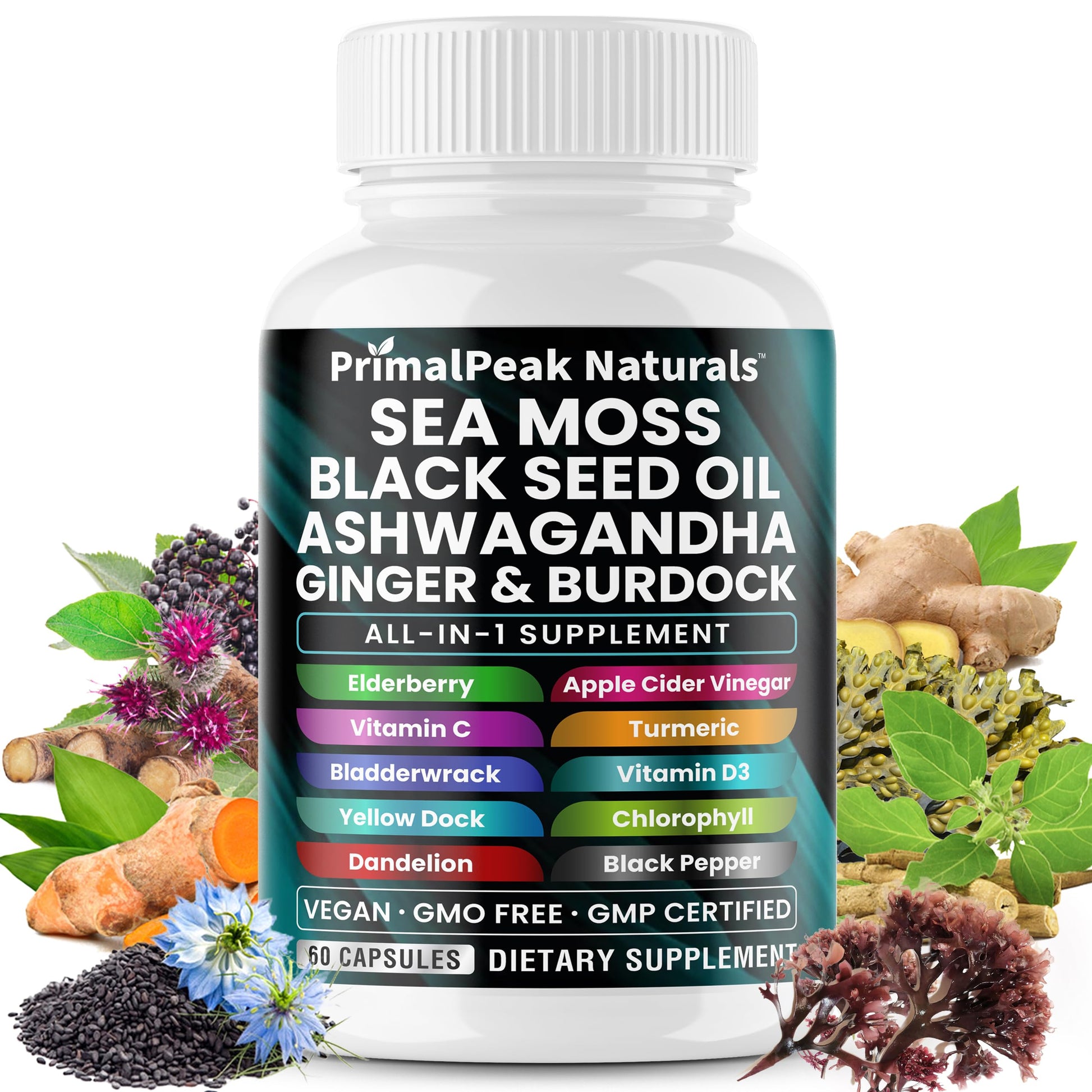 PrimalPeak Naturals Sea Moss Black Seed Oil Ashwagandha Ginger Burdock Bladderwrack Turmeric & Vitamin C Vitamin D3 with ACV Elderberry Chlorophyll Dandelion Yellow Dock Vegan Capsules - 60 Count PrimalPeak Naturals buy australia supplements