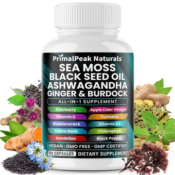 PrimalPeak Naturals Sea Moss Black Seed Oil Ashwagandha Ginger Burdock Bladderwrack Turmeric & Vitamin C Vitamin D3 with ACV Elderberry Chlorophyll Dandelion Yellow Dock Vegan Capsules - 60 Count PrimalPeak Naturals buy australia supplements