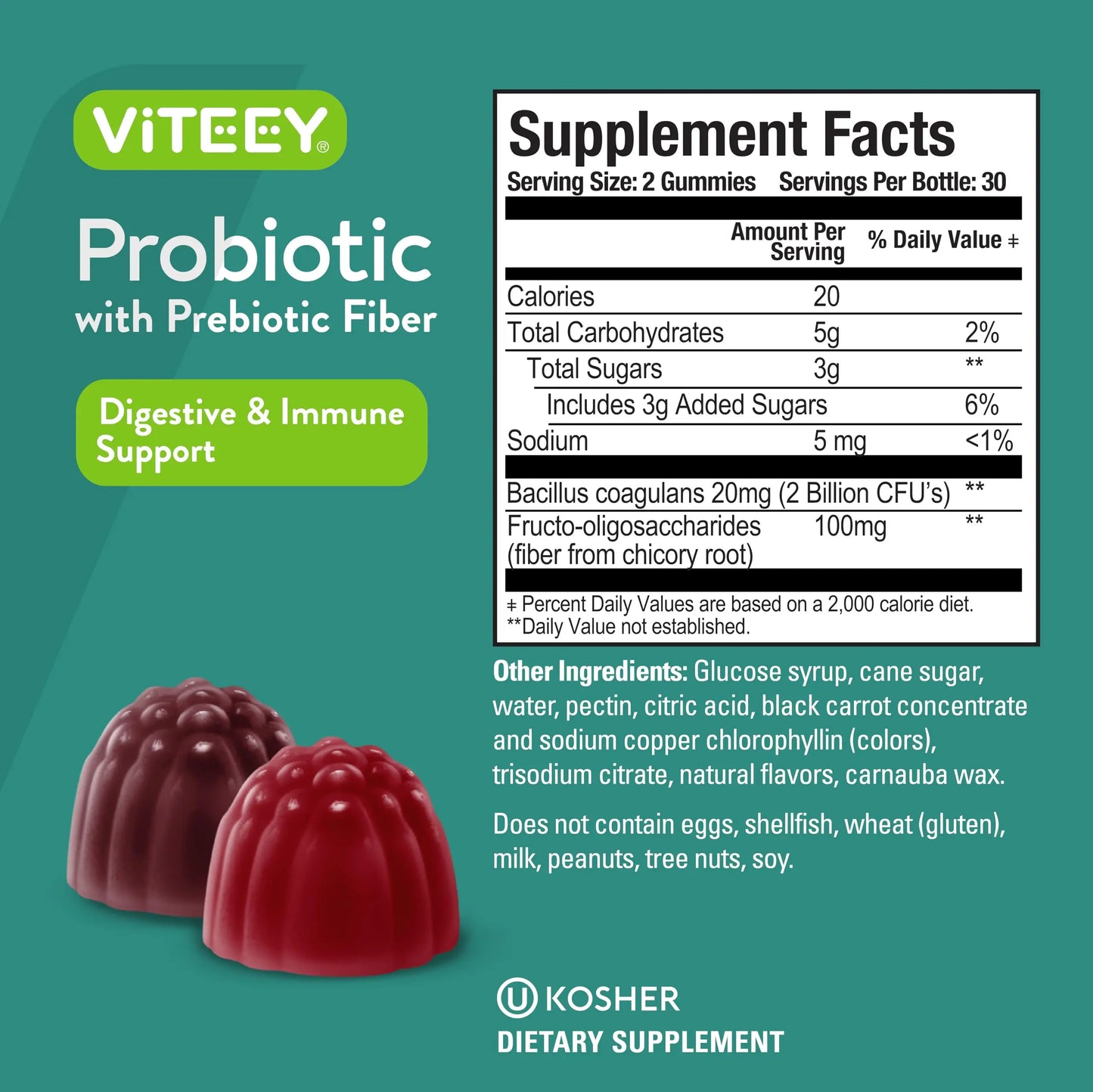 Viteey Probiotic Gummies with Prebiotics – Gut Health Supplements for Digestive Health – 2 Billion CFUs – Vegan, Gluten-Free – 60 Count Viteey