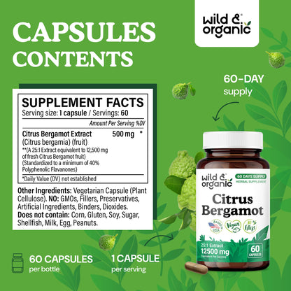 Wild & Organic Citrus Bergamot Capsules - Antioxidant & Overall Support - Citrus Bergamot Extract Capsules - Bergamia Fruit Powder Supplement Wild & Organic