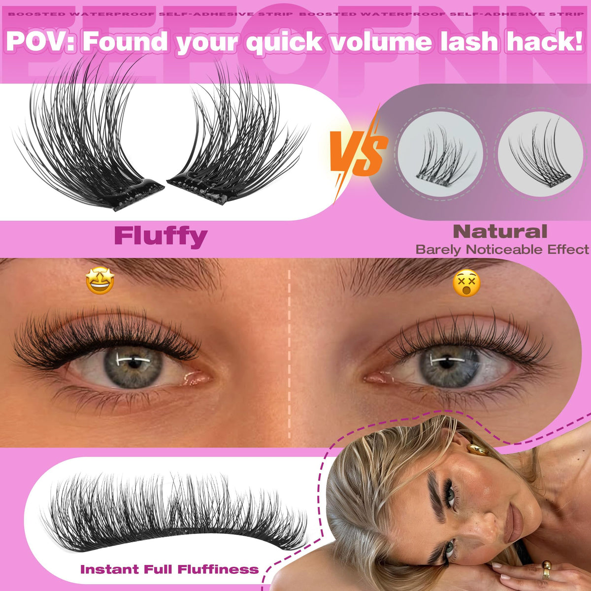 Self Adhesive Eyelashes Fluffy Self Adhesive Lash Clusters No Glue Eyelash Clusters Wispy Glueless Cluster Eyelash Extensions 10-16mm Individual Lashes DIY Lash Extension Kit with Anti-Stick Tweezers Eefofnn