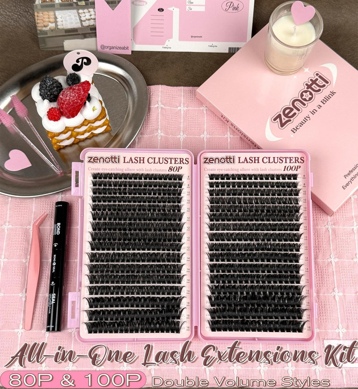 Lash Clusters Kit Fluffy 80D 100D Eyelash Clusters Kit 544PCS Wispy Cluster Eyelash Extensions D Curly Individual Lashes 8-16mm Soft Band DIY at Home with Lash Bond&Seal Tweezers Brush by zenotti zenotti