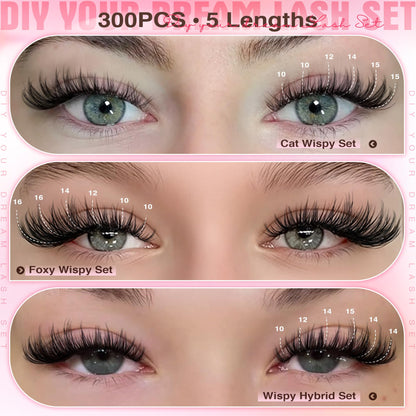 Goddvenus Lash Clusters Kit Wispy Eyelash Clusters Lashes Natural DIY Lash Extension Kit 10-16mm Cluster Eyelash Extensions Kit 300pcs C Curl Individual Lashes Cluster Eyelash (No Tweezers) Goddvenus