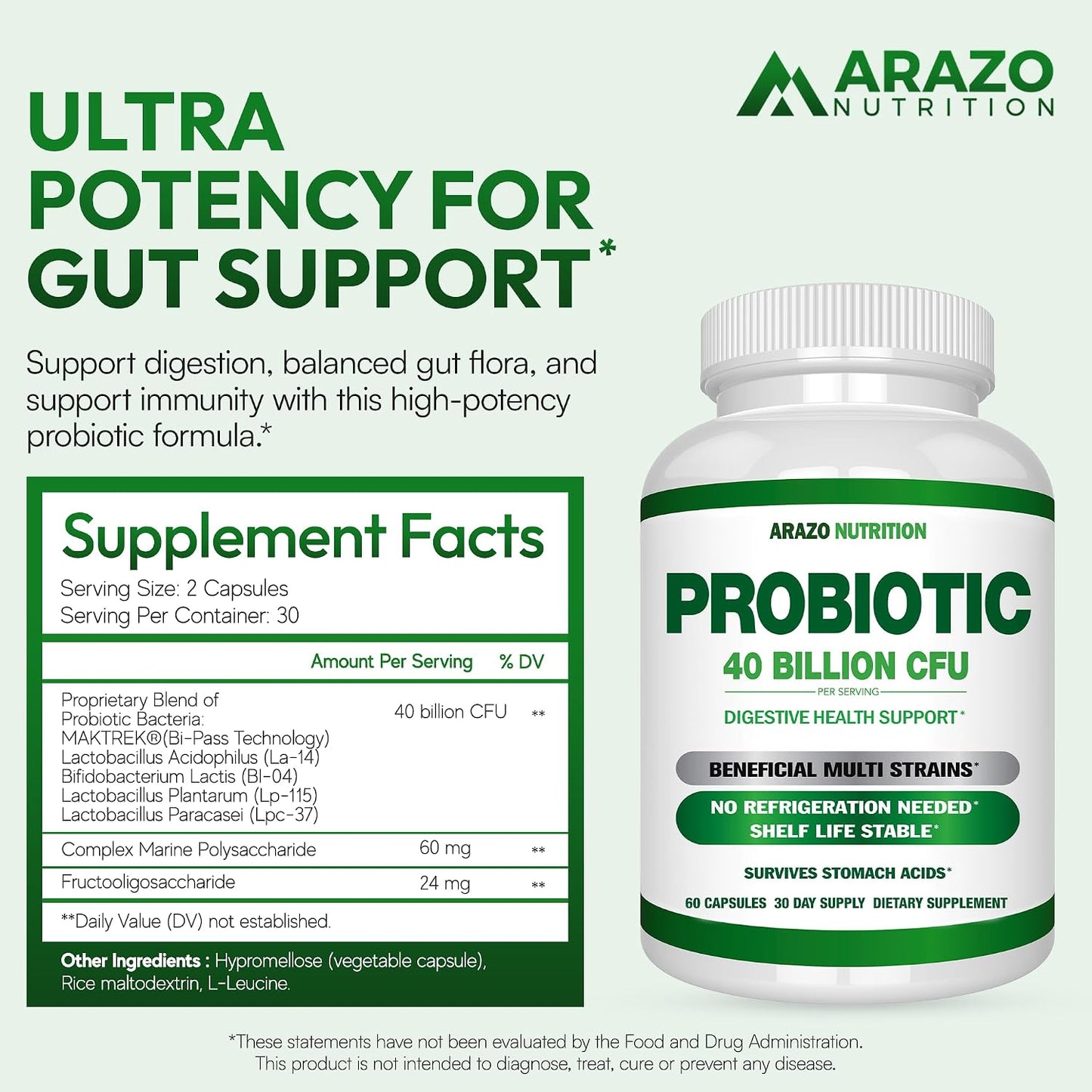 Arazo Nutrition Probiotic 40 Billion CFU Per Serving - Shelf Stable with Prebiotics and Acidophilus - Stable Potency Until Expiration – Time Delay Release Probiotics Gsupps Australia