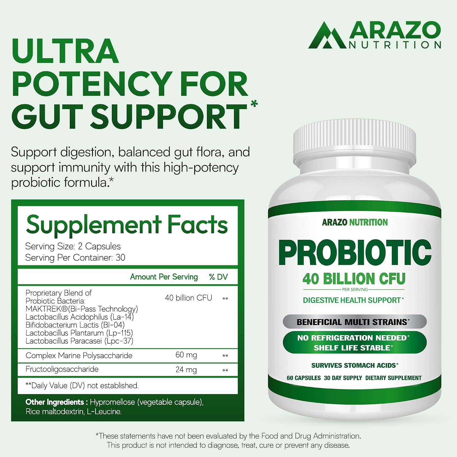 Arazo Nutrition Probiotic 40 Billion CFU Per Serving - Shelf Stable with Prebiotics and Acidophilus - Stable Potency Until Expiration – Time Delay Release Probiotics Gsupps Australia
