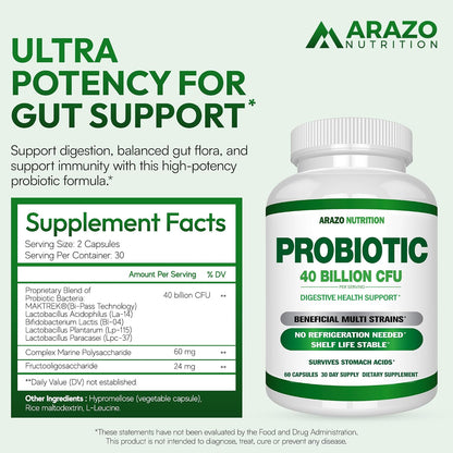 Arazo Nutrition Probiotic 40 Billion CFU Per Serving - Shelf Stable with Prebiotics and Acidophilus - Stable Potency Until Expiration – Time Delay Release Probiotics Gsupps Australia
