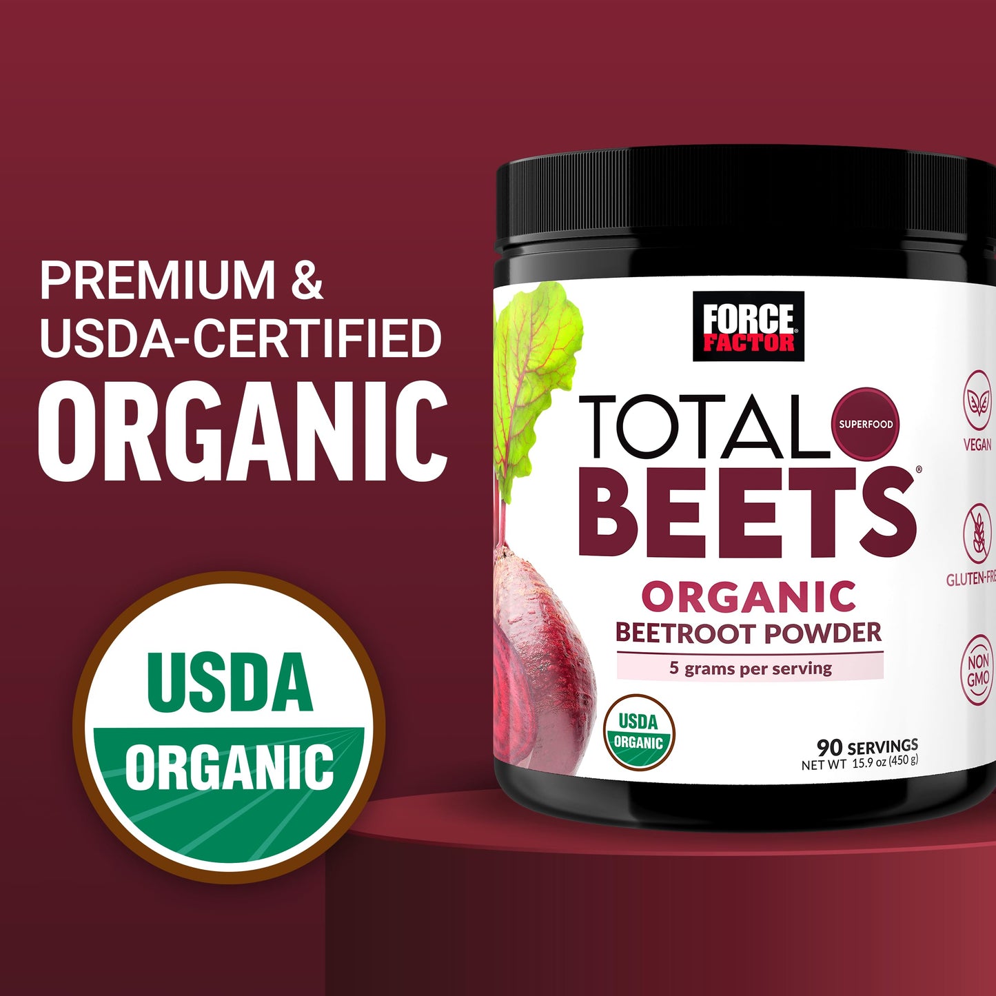 Force Factor Total Beets Organic Beetroot Powder Superfood to Boost Daily Nutrition, USDA Organic, Vegan, Gluten-Free Force Factor