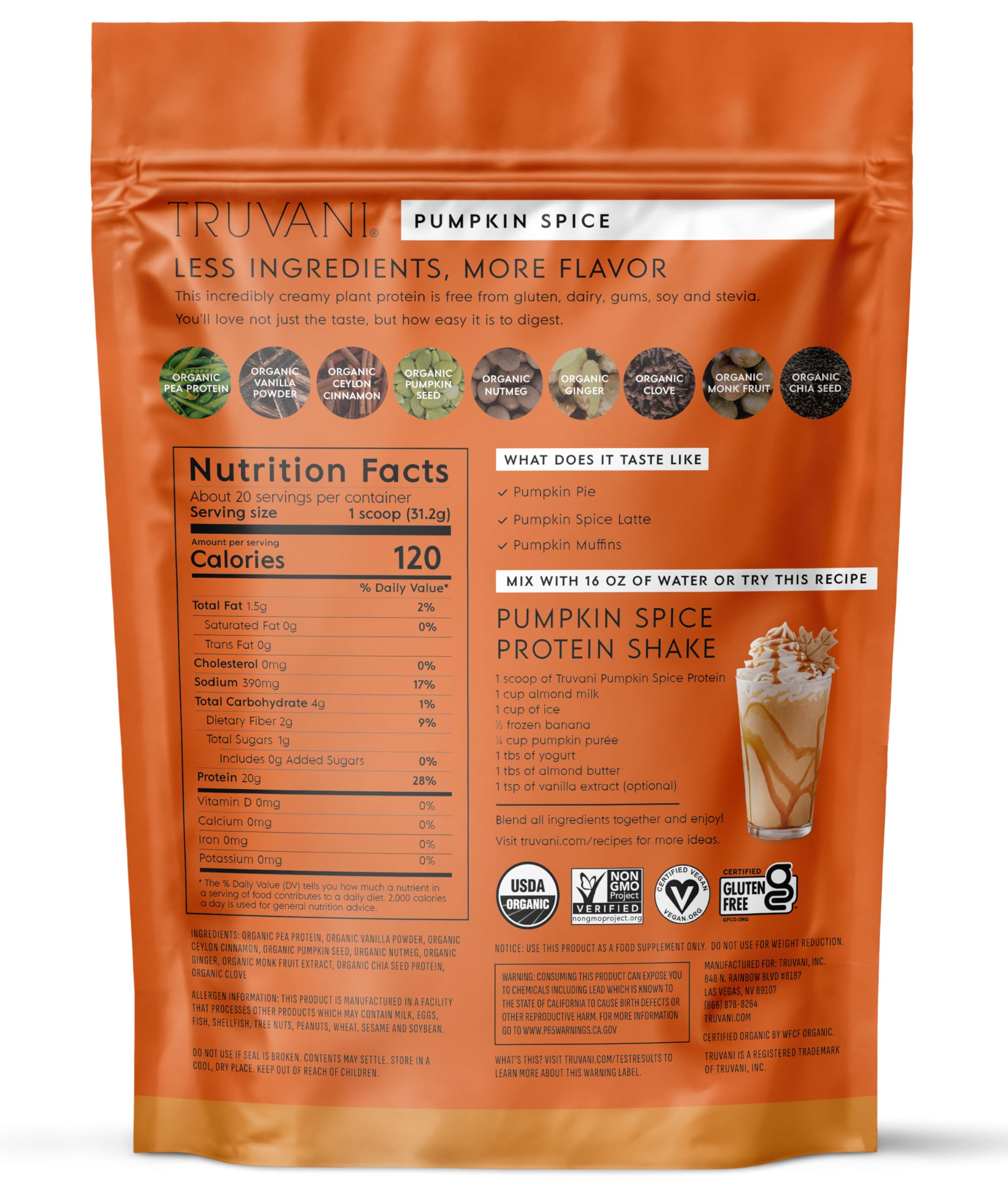 Truvani Vegan Pea Protein Powder | Pumpkin Spice | 20g Organic Plant Based Protein | 20 Servings | Keto | Gluten & Dairy Free Truvani buy australia supplements