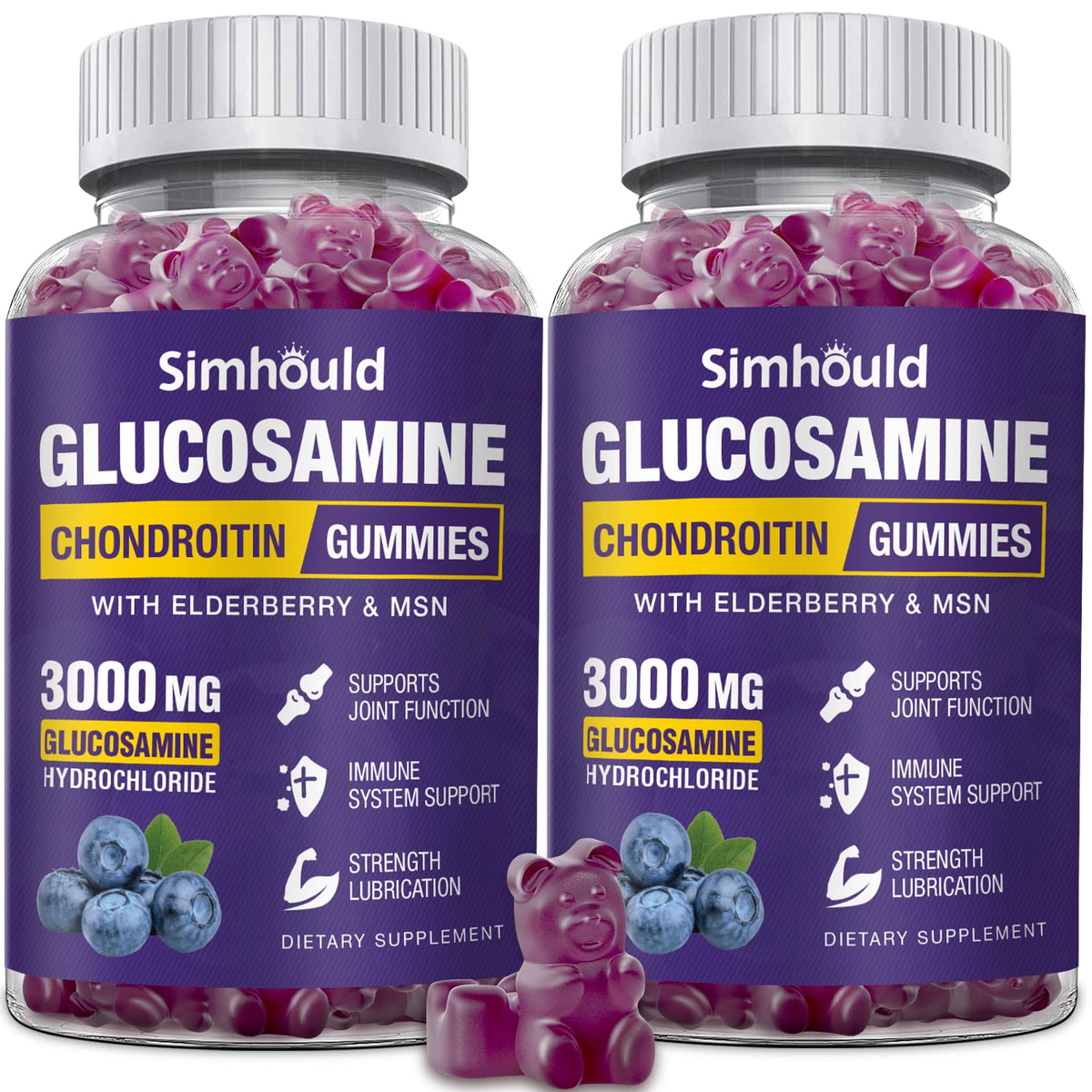 Simhould 2 Packs Glucosamine Chondroitin Gummies - 3000MG Extra Strength Joint Support Supplement with MSM & Elderberry, Flexibility, Antioxidant Immune Support Simhould