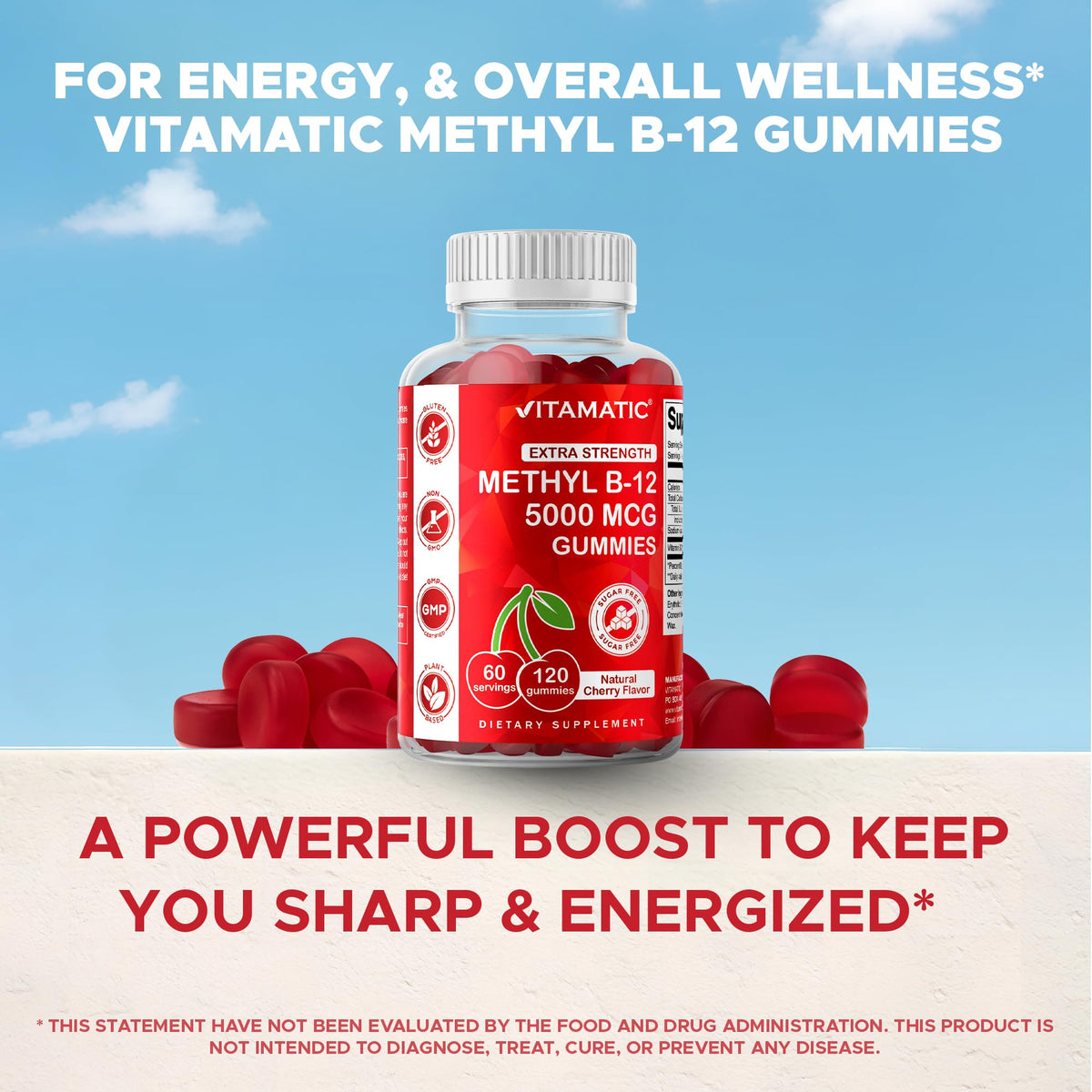 Vitamatic Extra Strength Vitamin B12 5000 mcg (Methyl B12) Gummies - 120 Count - Energy Metabolism Support and Nervous Vitamatic