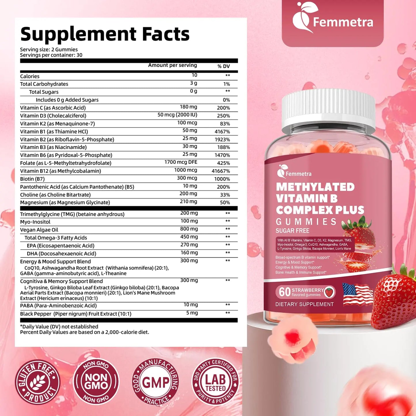 Ultra Methylated Vitamin B Complex Sugar Free Gummies - All B Vitamins + Vitamin C D3 K2 Ashwagandha Magnesium Omega 3 CoQ10 for Women Men - Methyl Vitamin B12 Femmetra