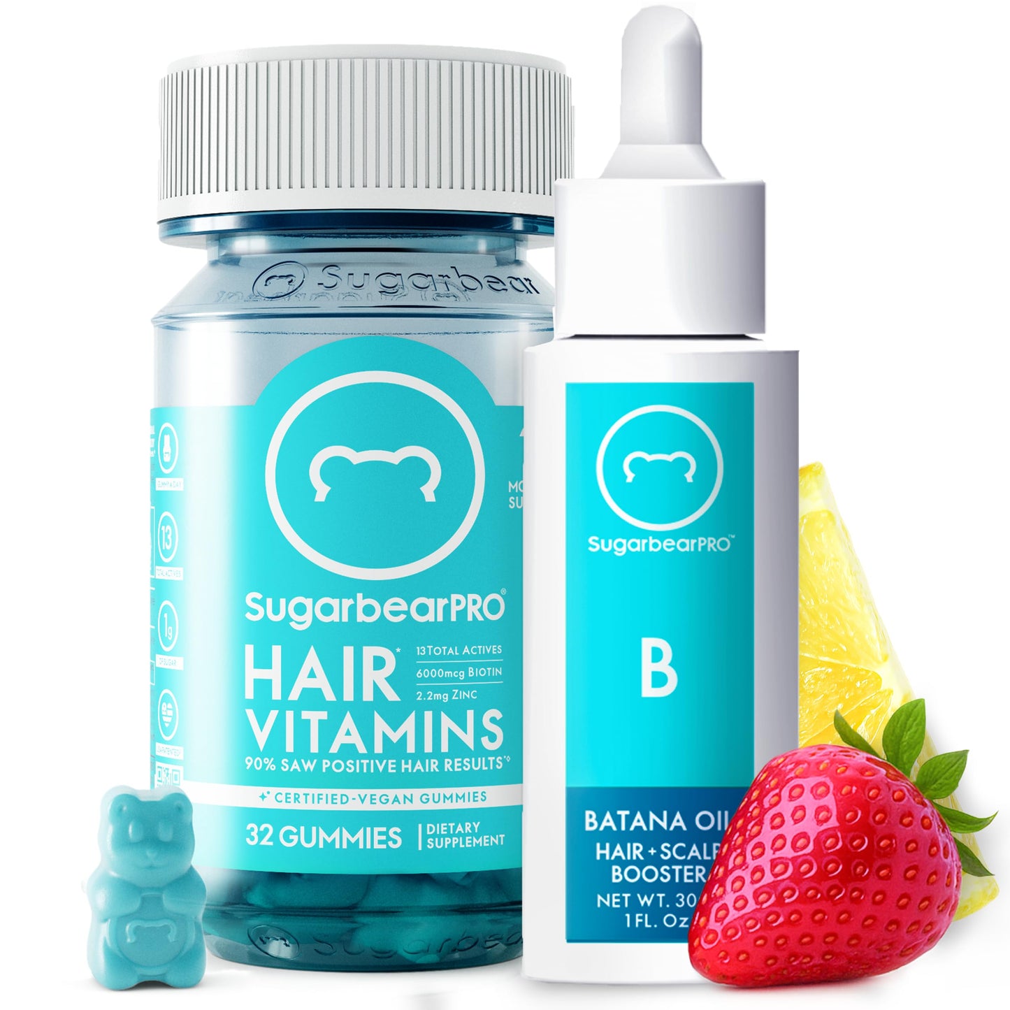 SugarbearPRO Batana Hair Oil & Glass-Dropper Applicator, 1oz + Vegan Hair Vitamin Gummies 1 Month Supply, Extra Strength Biotin 6000mcg