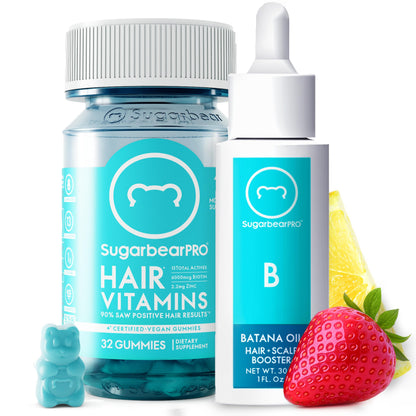 SugarbearPRO Batana Hair Oil & Glass-Dropper Applicator, 1oz + Vegan Hair Vitamin Gummies 1 Month Supply, Extra Strength Biotin 6000mcg