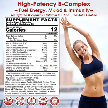 Methylated Vitamin B Complex Gummies 2 Pack, Methyl B12 & Folate with B1, B2, B3, B5, Biotin | Vitamin C, Zinc, Choline & Inositol – B Complex Supplement for Energy Nextdia