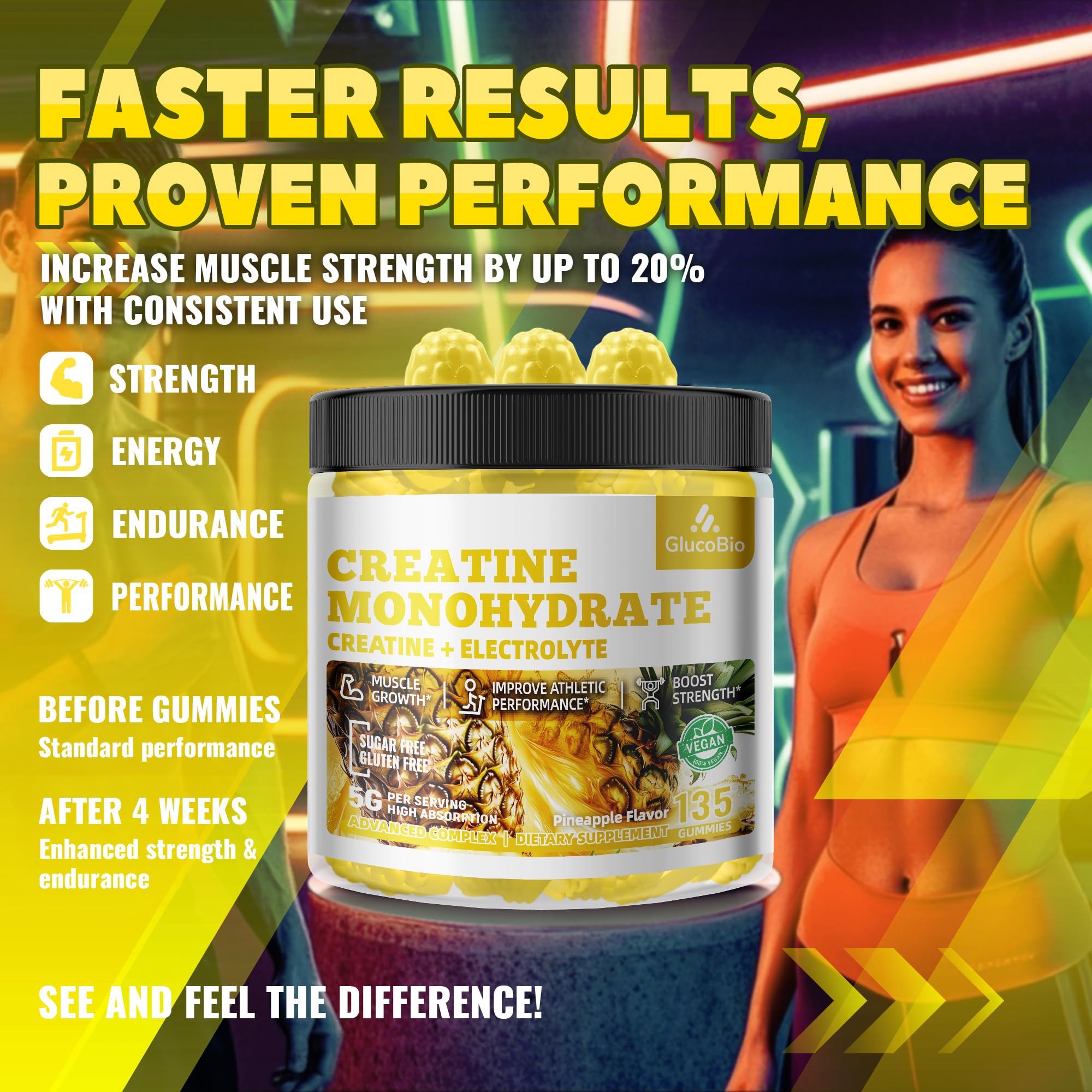 GlucoBio Creatine Monohydrate Gummies (5g) – Pre-Workout Energy & Muscle Growth Support for Men & Women | Pineapple Electrolyte Gummies (135 Count) GlucoBio buy australia supplements