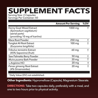 Horny Goat Weed with Maca, Tongkat Ali and Saw Palmetto, 60 Servings | Vegan, Non-GMO, Gluten free Horny Goat Weed Capsules for Men & Women, Extra Strength Performance, 120 Count, 2 Month Supply Gsupps Australia