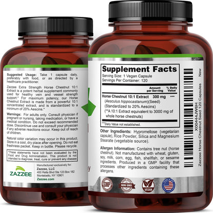 Zazzee Extra Strength Horse Chestnut 10:1 Extract, 20% Aescins, Vegan | 120 Capsules, 4 Month Supply, Aesculus Hippocastanum, Healthy Circulation & Blood Flow Support, Non-GMO, Made in the USA Gsupps Australia