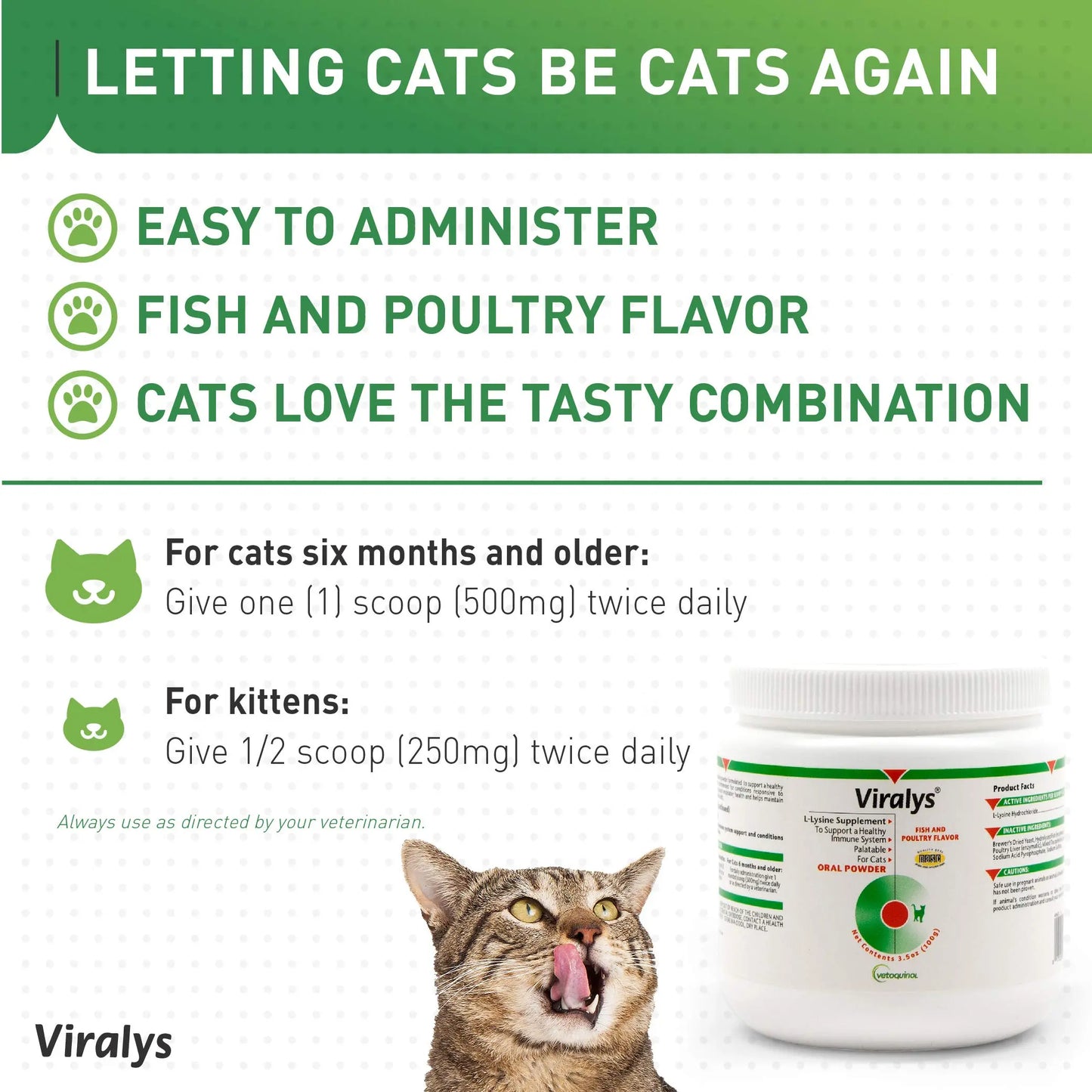 Vetoquinol Viralys Daily L-Lysine Powder for Cats and Kittens, Fish Flavored Lysine Supplement for Cats and Kittens to Support Immune Health Vetoquinol