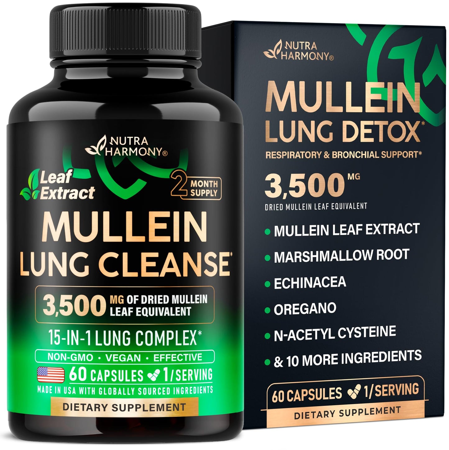 Mullein Lung Detox - Mullein Leaf Extract - Marshmallow Root | Echinacea | Oregano | Quercetin | NAC - 15-in-1 Lung Support & Cleanse for Smokers Supplement NUTRAHARMONY