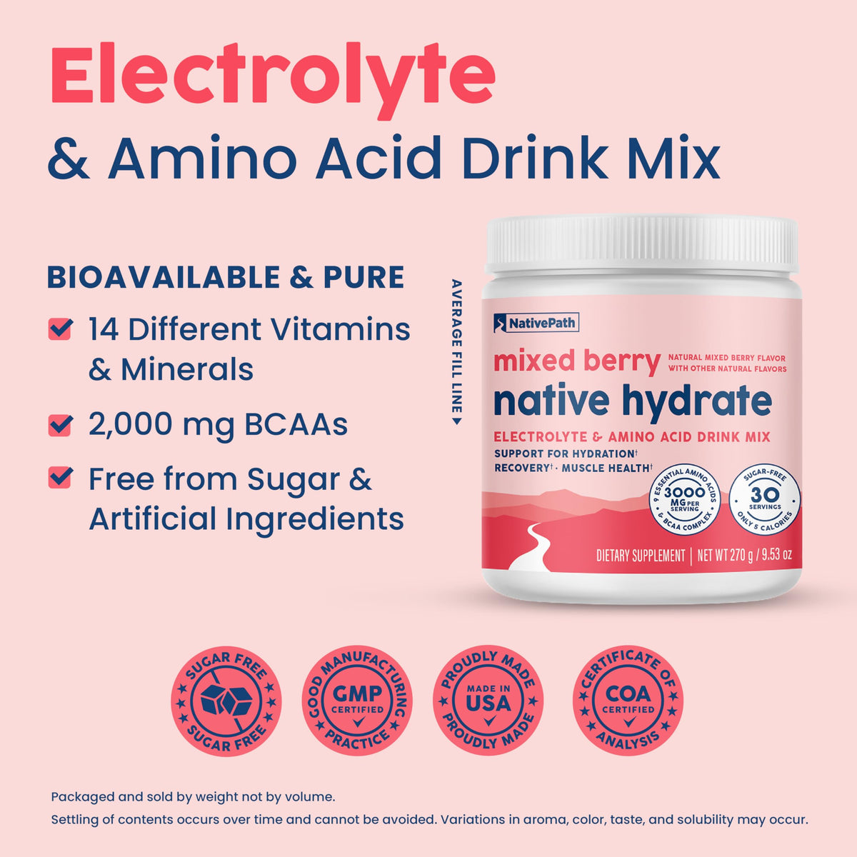 NativePath Hydrate, Zero Sugar, Electrolytes Powder with BCAAs, Mixed Berry Hydration, Keto & Paleo Friendly, 30 Servings NativePath