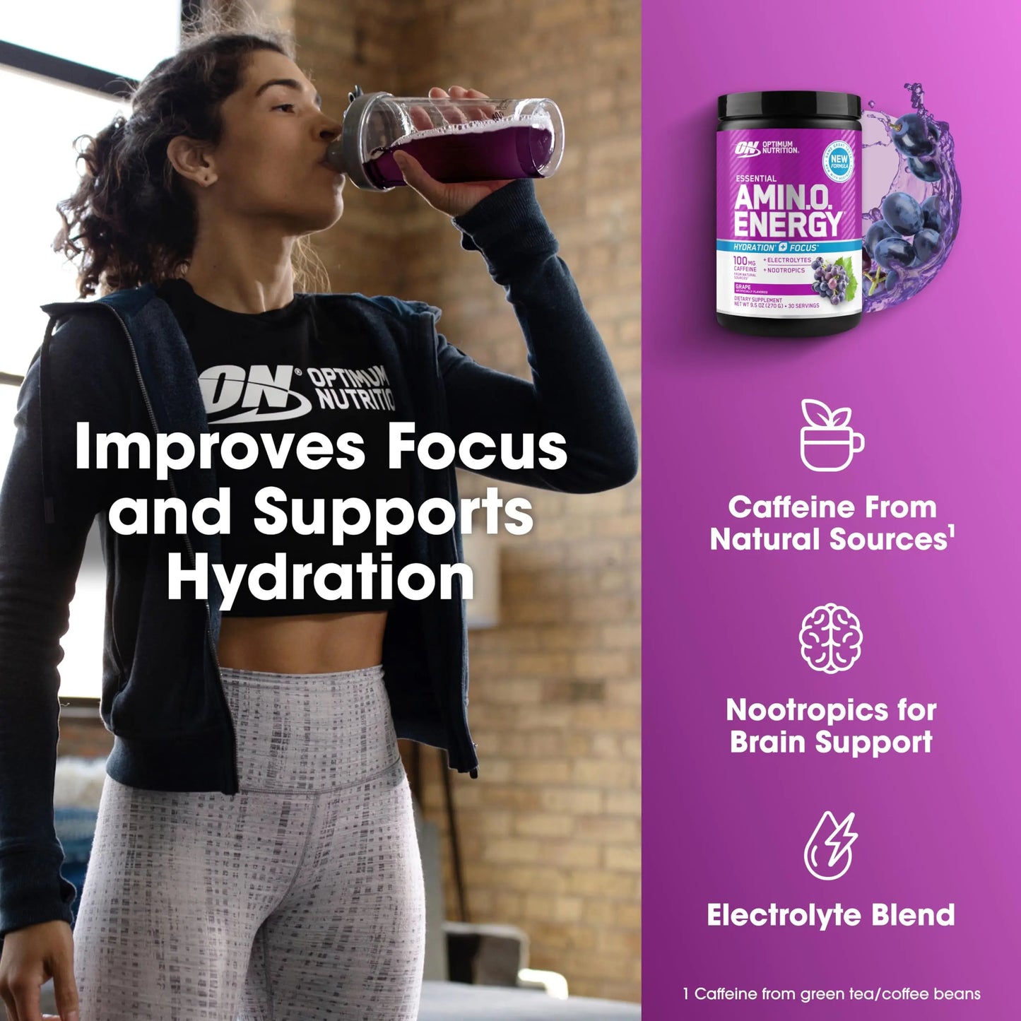 Optimum Nutrition Amino Energy Powder Plus Focus, with BCAA, Electrolytes, and Caffeine, Grape, 30 Servings (Packaging May Vary) Optimum Nutrition